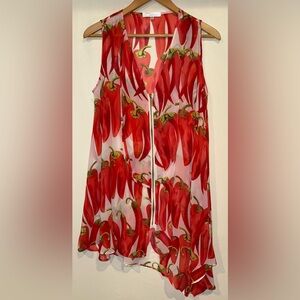 Trendology Silk Blend Asymmetrical Zip Up Blouse Chili Pepper Print Size M Sheer
